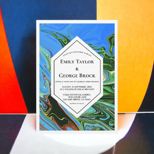 Elegant Minimal Blue Green Abstract Paint Wedding Kaart