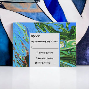 Elegant Minimal Blue Green Abstract Paint Wedding RSVP Kaartje