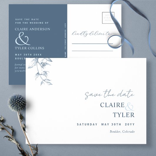Elegant Minimal, Blue Wedding Save the Date Briefkaart