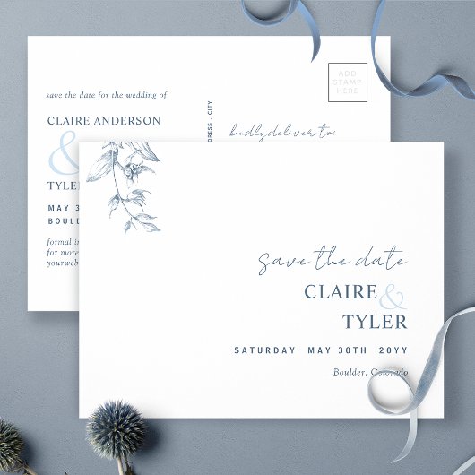 Elegant Minimal, Blue Wedding Save the Date Postca Briefkaart