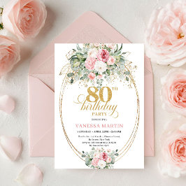 Elegant Minimal Blush Floral 80th Birthday Invites Kaart