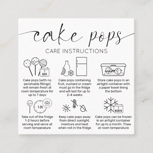 Elegant Minimal Cake Poppen Verzorgingsinstructies Vierkante Visitekaartje (Voorkant)