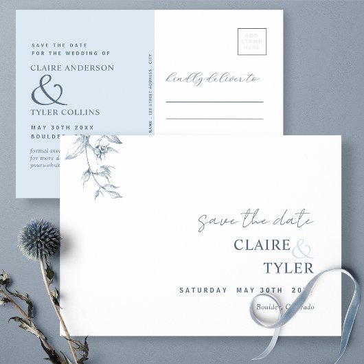 Elegant Minimal, Dusty Blue Wedding Save the Date Briefkaart