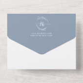 Elegant Minimal Floral Dusty Blue Monogram Weddens All In One Uitnodiging (Achterkant)