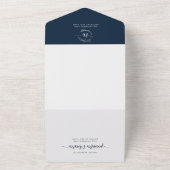 Elegant Minimal Floral Navy Blue Monogram Weddensc All In One Uitnodiging (Buitenkant)