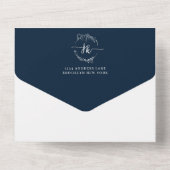 Elegant Minimal Floral Navy Blue Monogram Weddensc All In One Uitnodiging (Achterkant)
