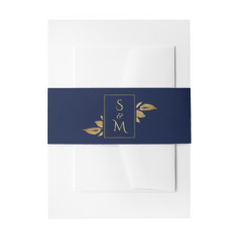 Elegant Minimal Foliage Navy Blauw en Gouden Bruil Uitnodigingen Wikkel