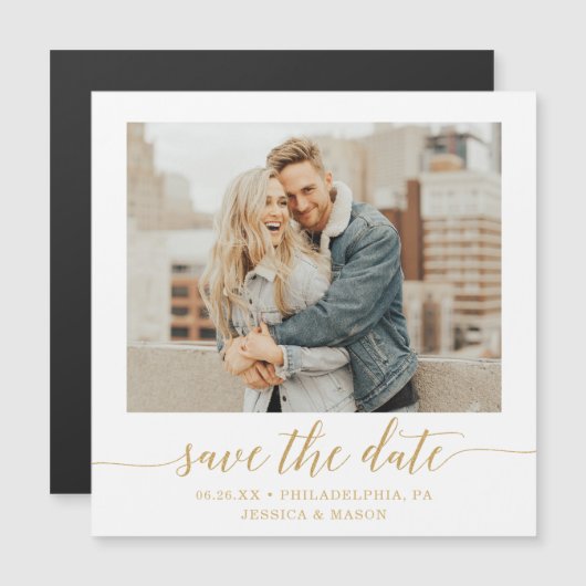 Elegant Minimal Gold Photo Wedding Save the Date Magnetische Uitnodiging (Voorkant / Achterkant)