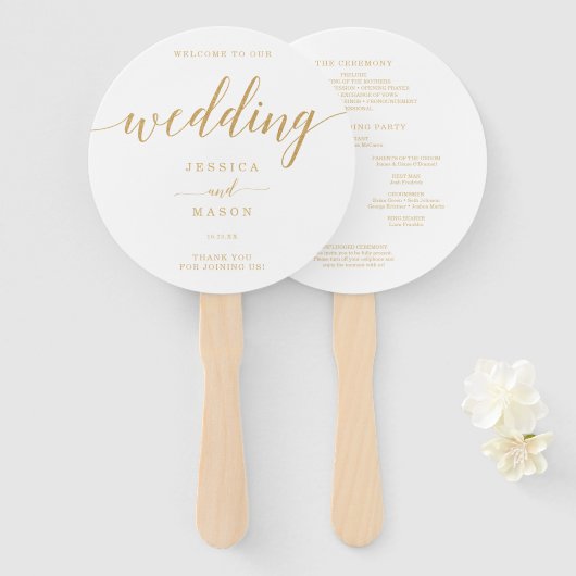 Elegant Minimal Gold Round Wedding Hand Fan Handwaaier (Voorkant en achterkant)
