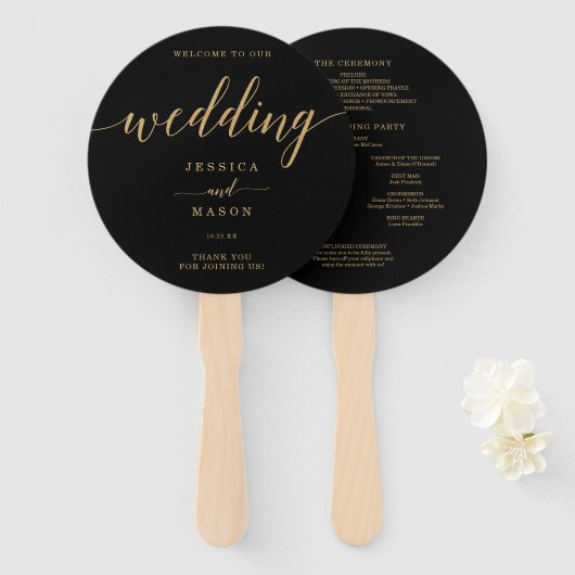 Elegant Minimal Gold Round Wedding Hand Fan Handwaaier (Voorkant en achterkant)