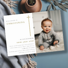 Elegant Minimal Gold Typografie Foto Christening Kaart