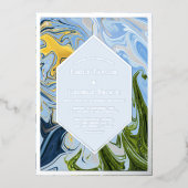 Elegant Minimal Green Blue Abstract Wedding Silver Folie Uitnodiging (Voorkant)