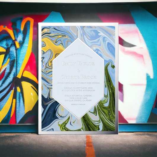 Elegant Minimal Green Blue Abstract Wedding Silver Folie Uitnodiging