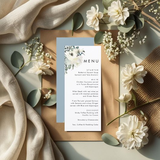 Elegant Minimal Ivory Floral Dusty Blue Wedding  Menu