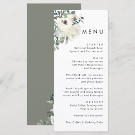 Elegant Minimal Ivory Floral Olive Green Wedding  Menu