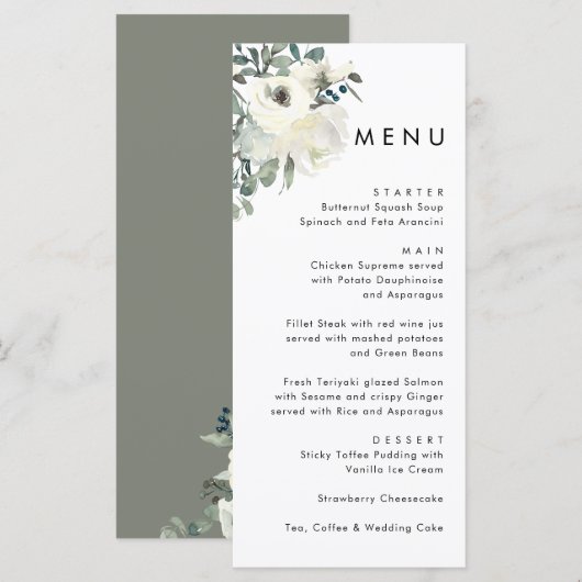 Elegant Minimal Ivory Floral Olive Green Wedding  Menu (Voorkant / Achterkant)