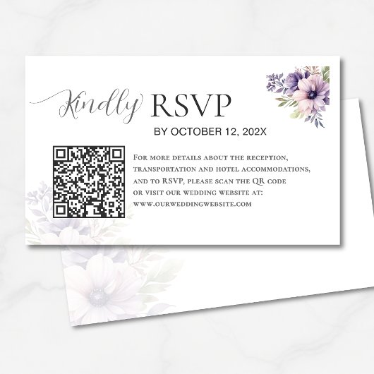 Elegant Minimal Lavender Floral QR Code Wedding Informatiekaartje