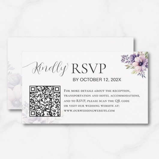 Elegant Minimal Lavender Floral QR Code Wedding Informatiekaartje