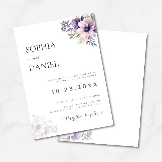 Elegant Minimal Lavender Floral Wedding Invitation Kaart
