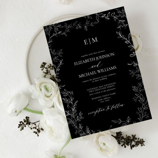 Elegant Minimal Leaf Black White Monogram Weddensc Kaart