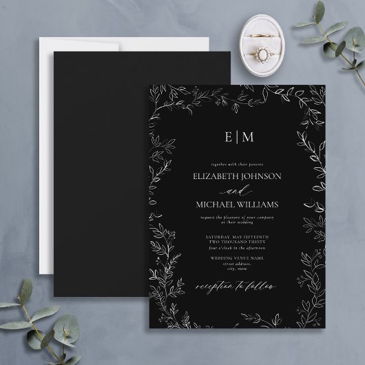 Elegant Minimal Leaf Black White Monogram Weddensc Kaart