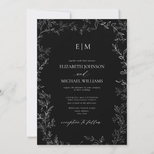 Elegant Minimal Leaf Black White Monogram Weddensc Kaart (Voorkant)