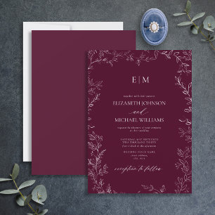 Elegant Minimal Leaf Burgundy Monogram Weddenschap Kaart