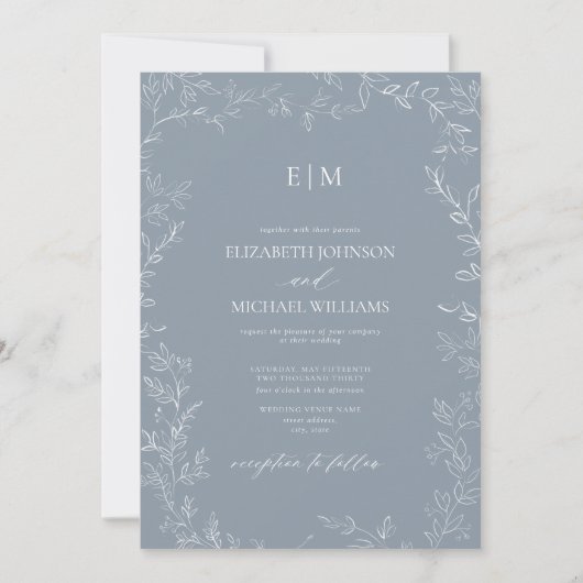 Elegant Minimal Leaf Dusty Blue Monogram Weddensch Kaart (Voorkant)