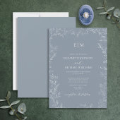 Elegant Minimal Leaf Dusty Blue Monogram Weddensch Kaart