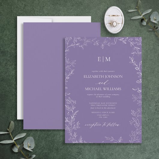 Elegant Minimal Leaf Lavender Monogram Weddenschap Kaart