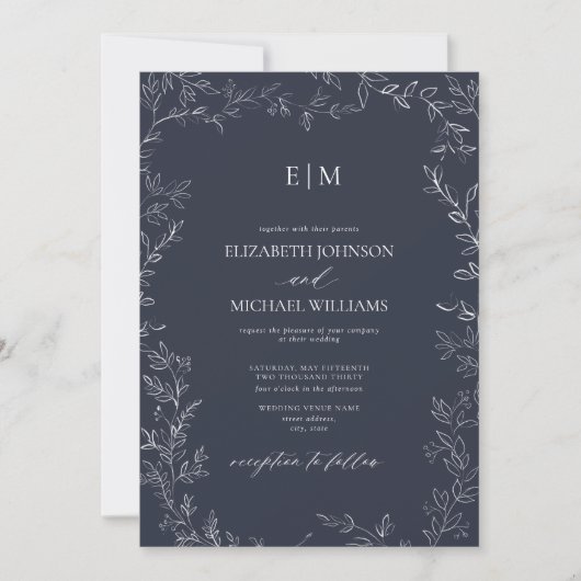 Elegant Minimal Leaf Navy Blue Monogram Weddenscha Kaart (Voorkant)