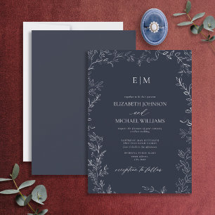 Elegant Minimal Leaf Navy Blue Monogram Weddenscha Kaart