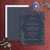 Elegant Minimal Leaf Navy Blue Monogram Weddenscha Kaart