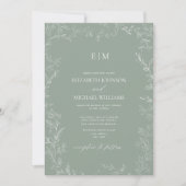 Elegant Minimal Leaf Sage Green Monogram Weddensch Kaart (Voorkant)