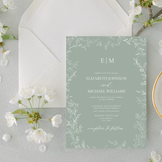Elegant Minimal Leaf Sage Green Monogram Weddensch Kaart