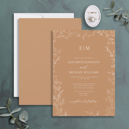 Elegant Minimal Leaf Terracotta Monogram Weddensch Kaart