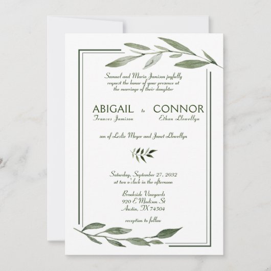 Elegant Minimal Leaves Lijst Green Wedding Kaart (Voorkant)