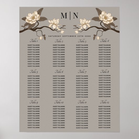 Elegant Minimal Magnolia Wedding Seding Chart Poster (Voorkant)