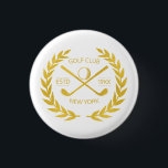 Elegant Minimal Modern Ronde Button 3,2 Cm<br><div class="desc">Aangepast gouden golfclub elegant, modern, minimalistisch, chic design. Persoonlijke spelden voor golfclubs met lauriervleugels, twee gekruiste golfclubs en golfbal. Aangepaste golfknoppen met je logo, naam, tekst, jaar, enz. Elegant gouden golfknuppels spelden gepersonaliseerd geschenk voor golfclub, golfer, golfspeler, team, coach. Aangepaste, op zwart en wit afgestemde golfknooppunten voor zwarte en gouden...</div>