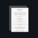 Elegant Minimal Modern White Simple Wedding Dinner Menu<br><div class="desc">This elegant wedding menu adds a refined finishing touch to your reception tables and place settings. Clean typography and balanced spacing create a calm, intentional look that feels both modern and timeless. Designed to complement sophisticated wedding décor, it works beautifully for seated dinners, formal celebrations, and thoughtfully styled events. An...</div>