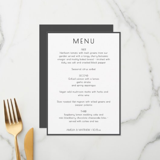 Elegant Minimal Modern White Simple Wedding Dinner Menu (Voorkant / Achterkant in situ)