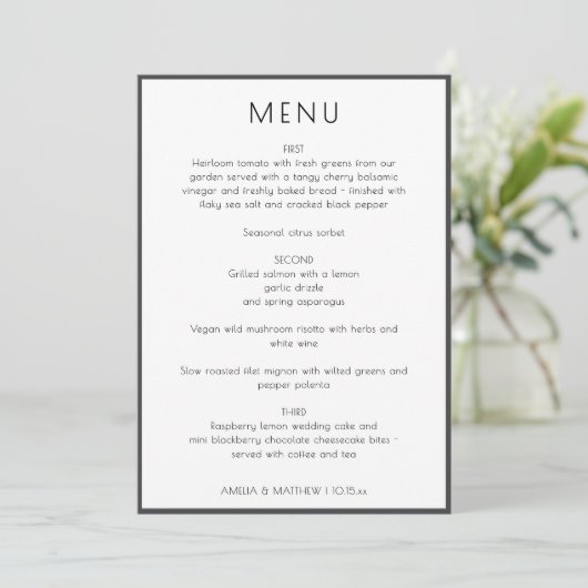 Elegant Minimal Modern White Simple Wedding Dinner Menu (Staand voorkant)