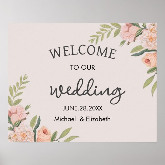 Elegant Minimal Roos Bloemen bruiloft welkomstbord Poster (Voorkant)