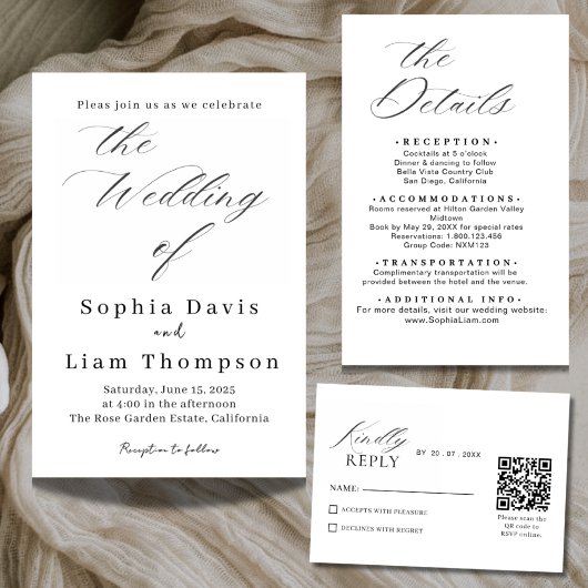 Elegant Minimal Script Black and White Wedding Inv Kaart