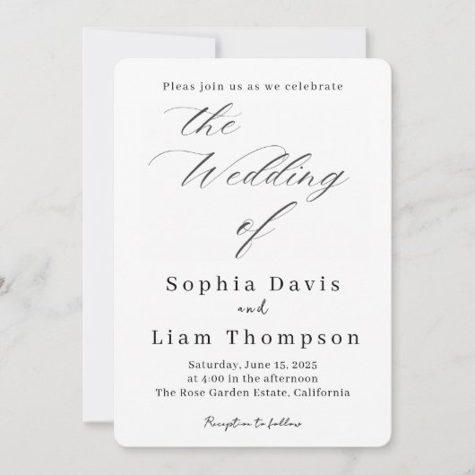 Elegant Minimal Script Black and White Wedding Inv Kaart (Voorkant)