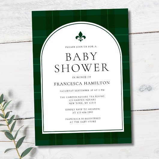 Elegant Minimal Tartan Green Boy Baby shower Kaart