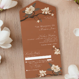 Elegant Minimal Terracotta Magnolia Wedding All In One Uitnodiging