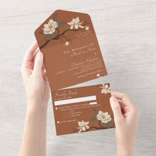 Elegant Minimal Terracotta Magnolia Wedding All In One Uitnodiging (Afscheurbaar)