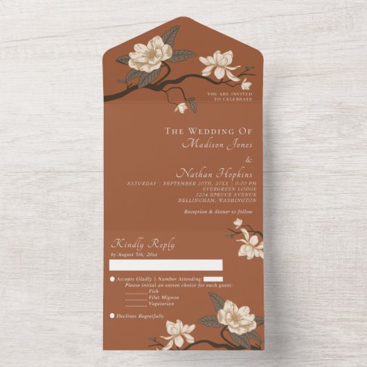 Elegant Minimal Terracotta Magnolia Wedding All In One Uitnodiging (Binnen)