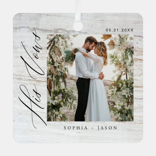 Elegant Minimal Wedding His Vows Couples Photos Metalen Ornament (Voorkant)
